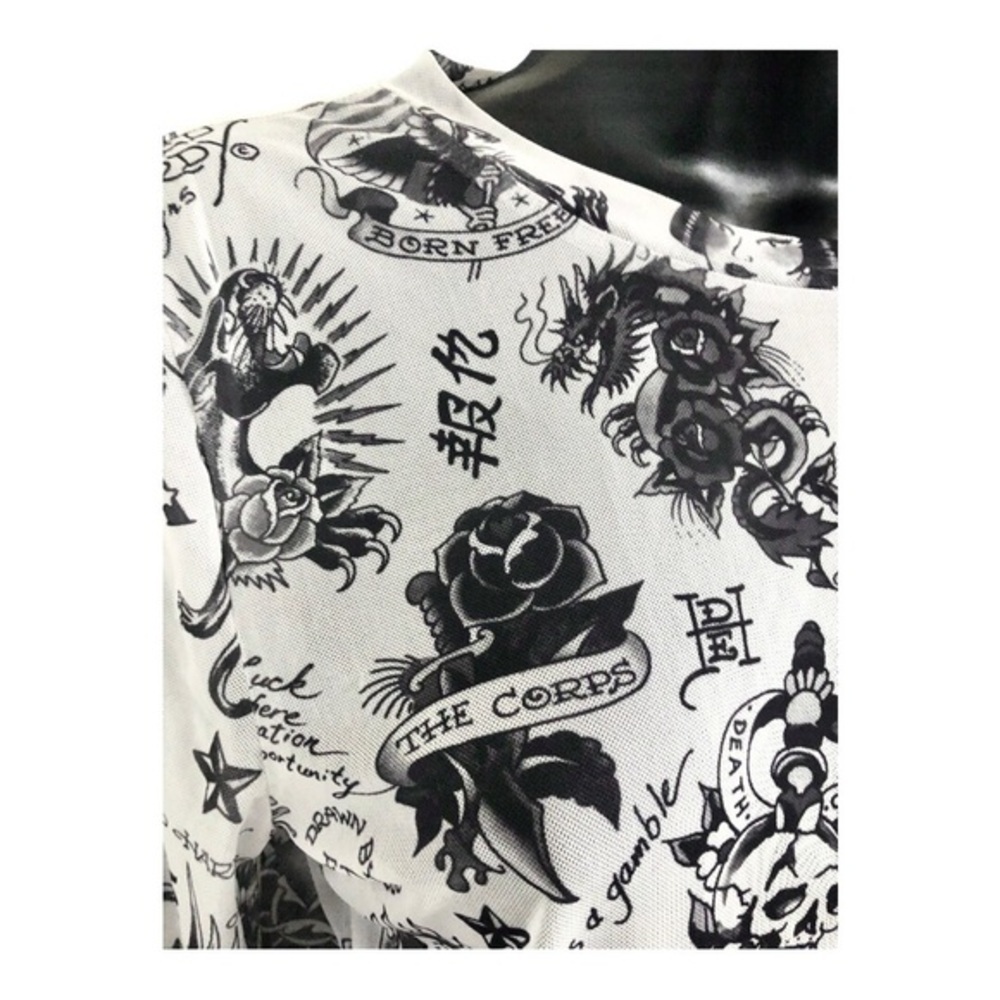 Ed Hardy white iconic Ed Hardy designs printed long‎ sleeve sheer top size large - Picture 7 of 14